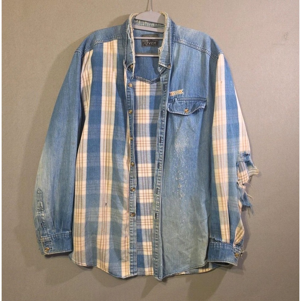 Vintage Spindle River Denim Plaid Shirt Distressed Grunge Western Oversized 2XL